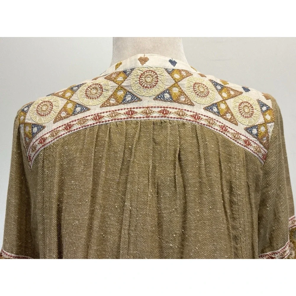 Free People Sahara San Shift Dress Sz Medium Boho Embroidered Long Sleeve Tan